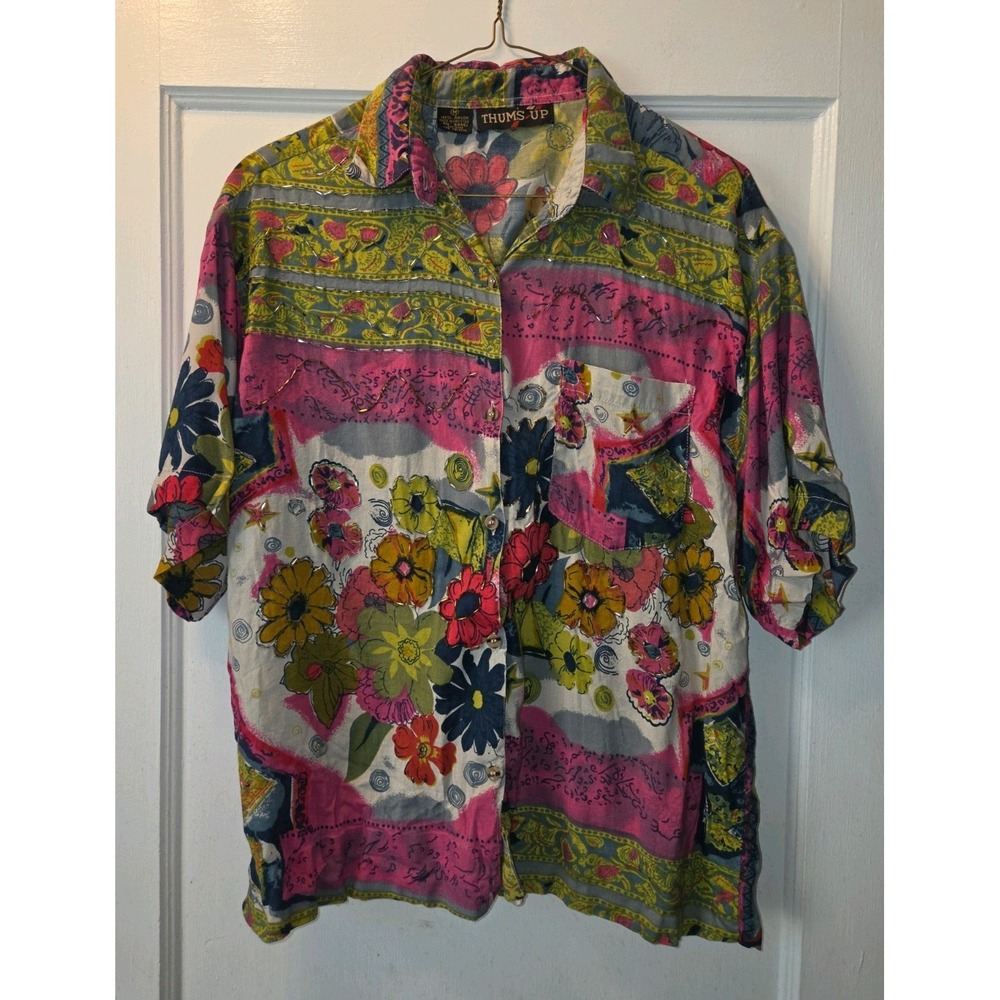 Vintage 80's Thums Up Womens Floral And Sequin Blouse. Medium